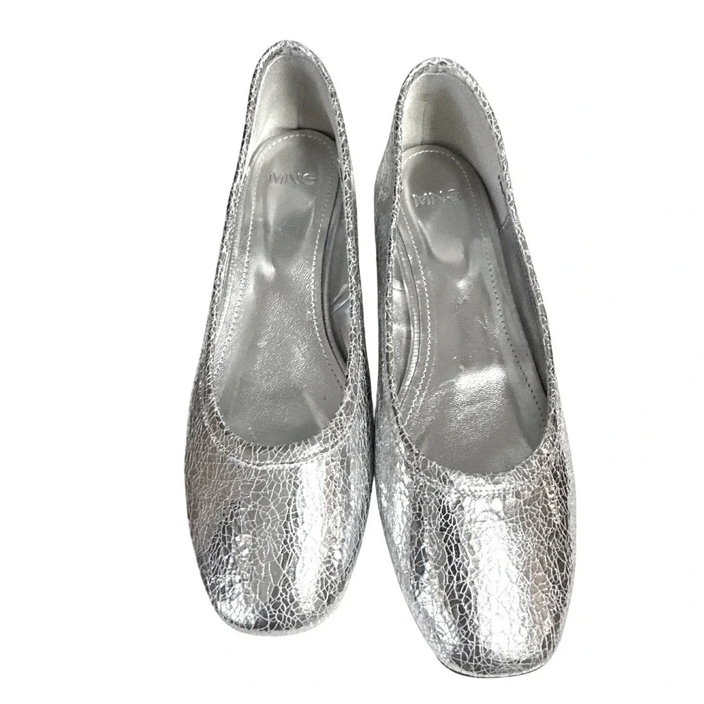 Mango MNG Silver Metallic Crackle Ballet Pumps Block Heel EU 36 US 6